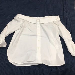 White off the shoulder button up baby doll shirt